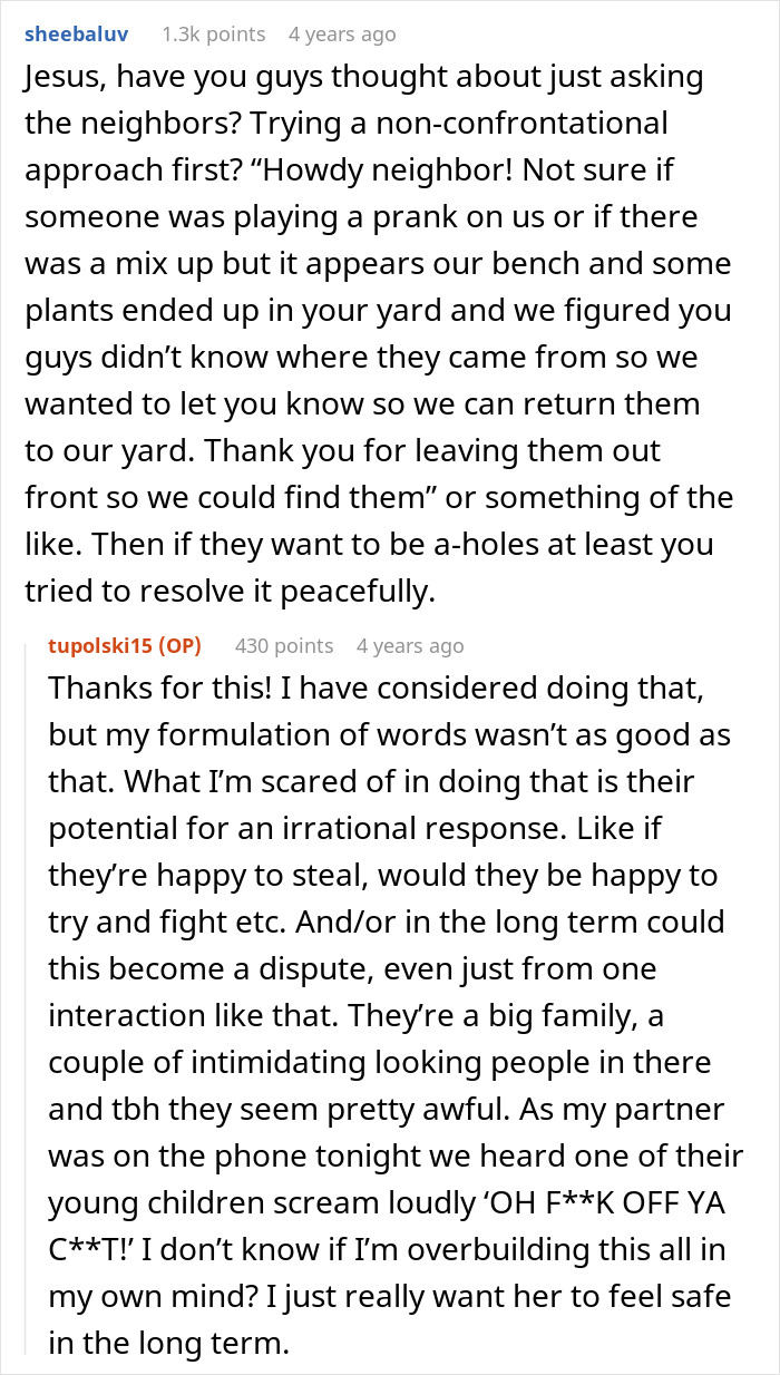 “We Called The Police”: Newcomer Discovers Her Bench And Plants Displayed In Neighbors’ Yard “We Called The Police”: Newcomer Discovers Her Bench And Plants Displayed In Neighbors’ Yard