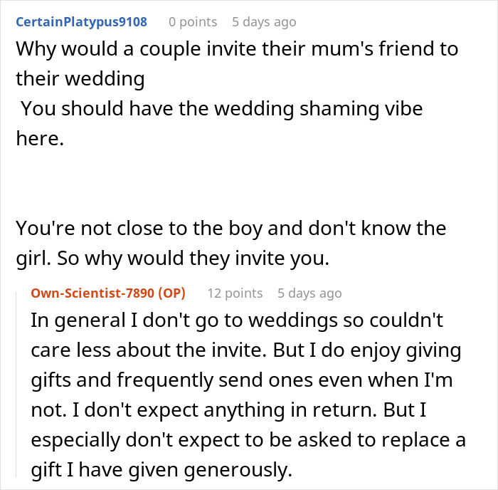 Newlyweds Ask Woman To Return Their Wedding Gift After They Didn’t Even Invite Her Newlyweds Ask Woman To Return Their Wedding Gift After They Didn’t Even Invite Her