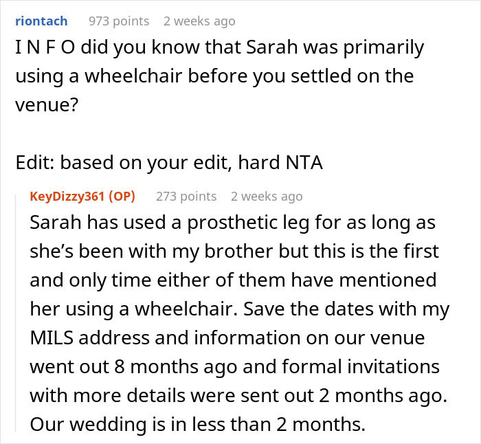 Bride Under Fire After Refusing To Exceed Budget For Brother’s Disabled Fiancée’s Needs Bride Under Fire After Refusing To Exceed Budget For Brother’s Disabled Fiancée’s Needs