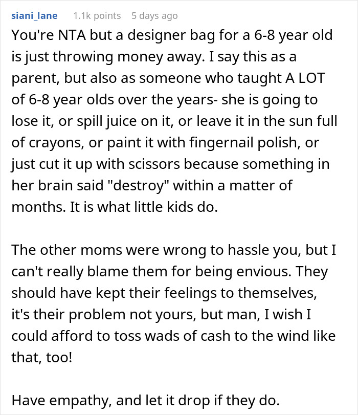"AITA For Getting My Daughter A Designer Bag When Not Everyone In The Group Could Afford It?" "AITA For Getting My Daughter A Designer Bag When Not Everyone In The Group Could Afford It?"