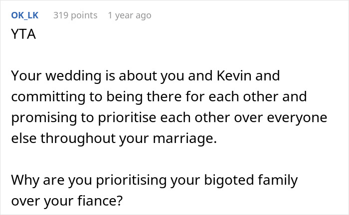 Text discussing prioritizing the wedding couple's commitment over family biases; related to worried bride and trans best man. Text discussing prioritizing the wedding couple's commitment over family biases; related to worried bride and trans best man.