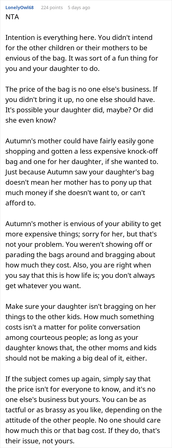 "AITA For Getting My Daughter A Designer Bag When Not Everyone In The Group Could Afford It?" "AITA For Getting My Daughter A Designer Bag When Not Everyone In The Group Could Afford It?"