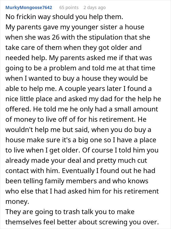 “Family Comes First”: Man Refuses To Help Parents After They Give Their House To Sister “Family Comes First”: Man Refuses To Help Parents After They Give Their House To Sister