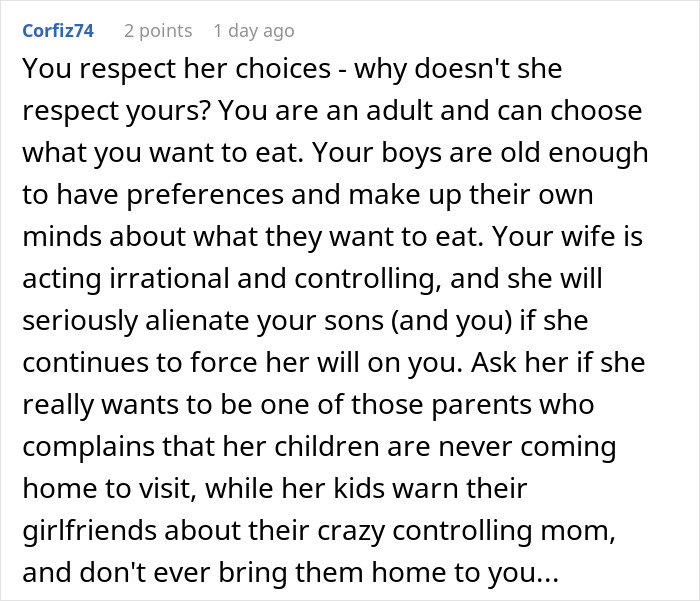 "AITA For Secretly Cheating On Our Vegetarian Diet That My Wife Made Our Family Do?" "AITA For Secretly Cheating On Our Vegetarian Diet That My Wife Made Our Family Do?"