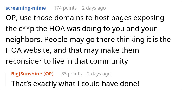 Woman Buys All Domains Of Unit Before Moving Out As Petty Revenge On HOA: “Kick Dirt, Or Pay Me” Woman Buys All Domains Of Unit Before Moving Out As Petty Revenge On HOA: “Kick Dirt, Or Pay Me”
