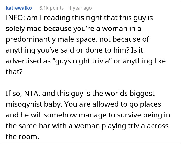 Drama Erupts As Woman “Ruins” Guy’s Safe Space By Joining Trivia Night At Local Bar, He Storms Out Drama Erupts As Woman “Ruins” Guy’s Safe Space By Joining Trivia Night At Local Bar, He Storms Out