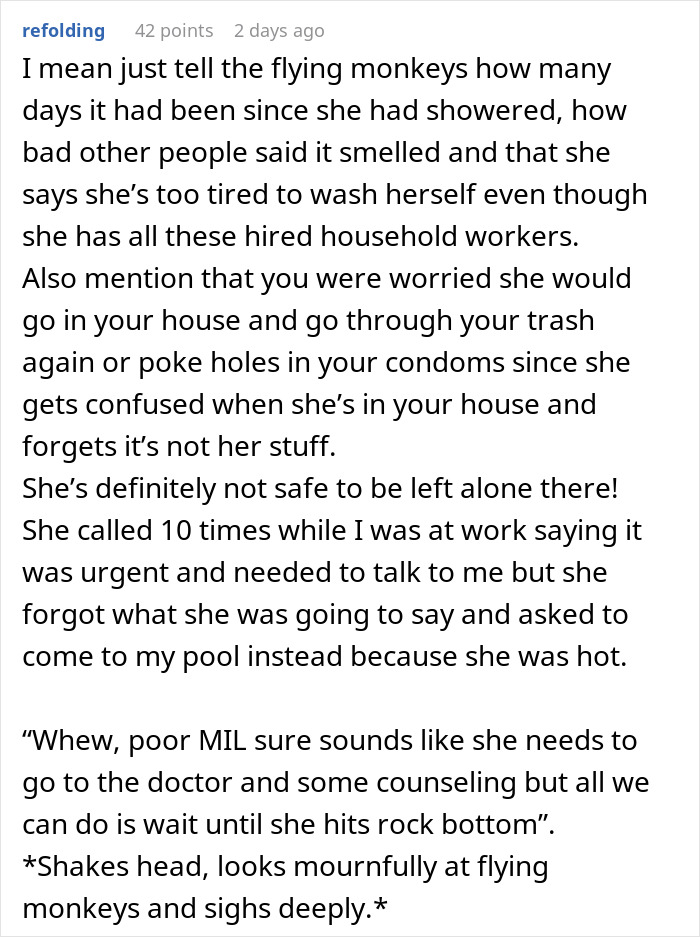 “MIL Who Admitted She Hasn’t Showered In Weeks Is Upset I Won’t Let Her Use Our Pool” “MIL Who Admitted She Hasn’t Showered In Weeks Is Upset I Won’t Let Her Use Our Pool”