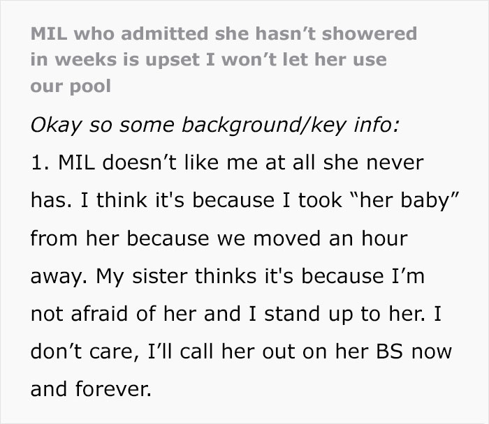 “MIL Who Admitted She Hasn’t Showered In Weeks Is Upset I Won’t Let Her Use Our Pool” “MIL Who Admitted She Hasn’t Showered In Weeks Is Upset I Won’t Let Her Use Our Pool”