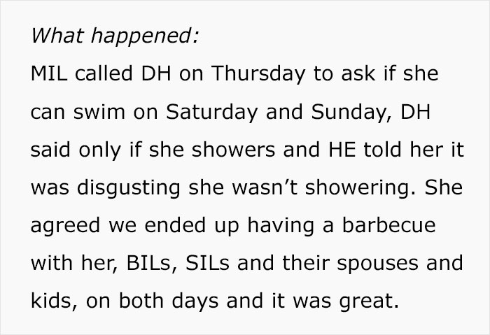 “MIL Who Admitted She Hasn’t Showered In Weeks Is Upset I Won’t Let Her Use Our Pool” “MIL Who Admitted She Hasn’t Showered In Weeks Is Upset I Won’t Let Her Use Our Pool”