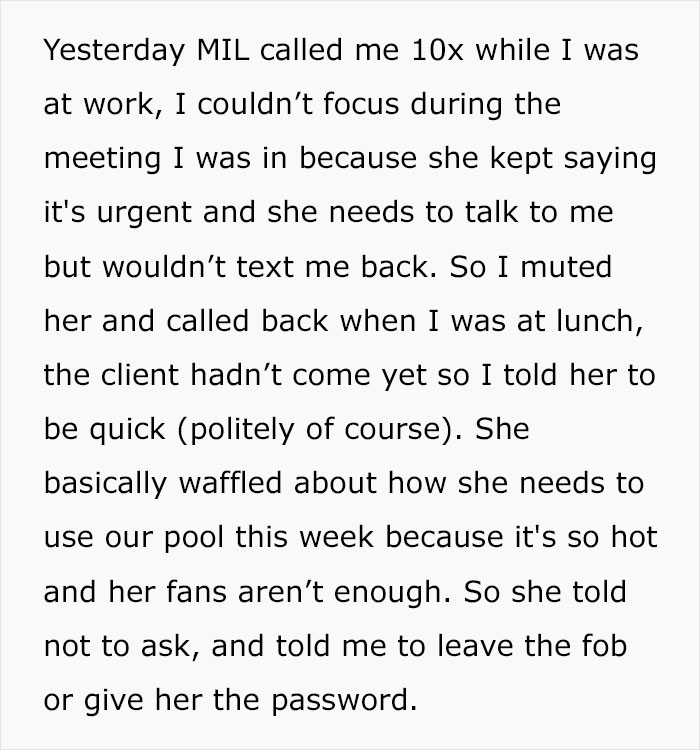 “MIL Who Admitted She Hasn’t Showered In Weeks Is Upset I Won’t Let Her Use Our Pool” “MIL Who Admitted She Hasn’t Showered In Weeks Is Upset I Won’t Let Her Use Our Pool”