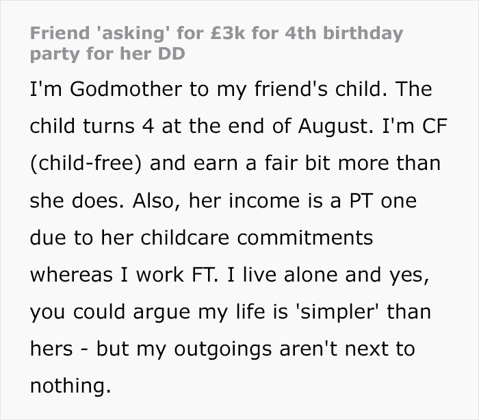 Child-Free Woman Hit With Over $3K Contribution Demand For 4 Y.O.’s Birthday Bash Child-Free Woman Hit With Over $3K Contribution Demand For 4 Y.O.’s Birthday Bash