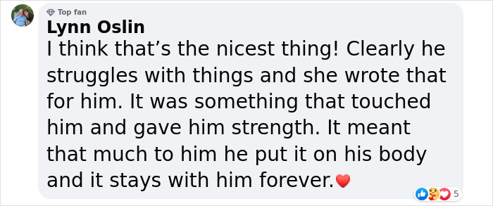 Comment about student tattooing teacher's note for strength and meaning, appreciated by Lynn Oslin with a heart emoji. Comment about student tattooing teacher's note for strength and meaning, appreciated by Lynn Oslin with a heart emoji.
