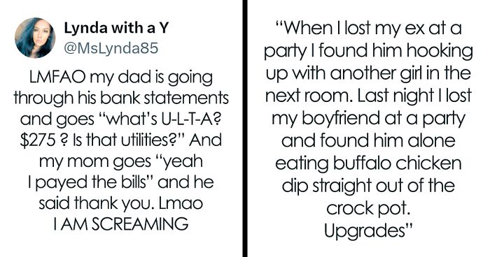 Two humorous tweets displayed side by side, showcasing impeccable humor in everyday life situations.