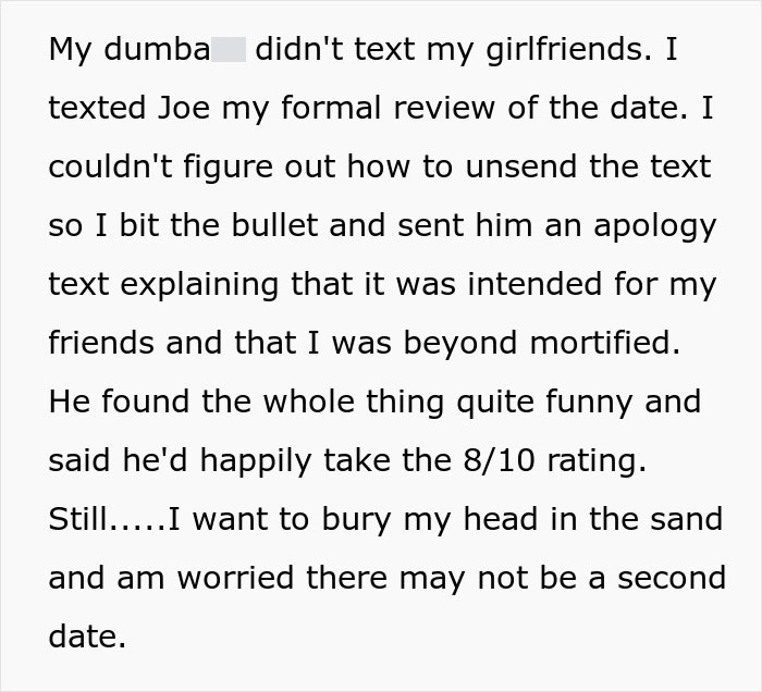 Woman Accidentally Texts A Detailed First Date Review And Rating To Her Date Woman Accidentally Texts A Detailed First Date Review And Rating To Her Date