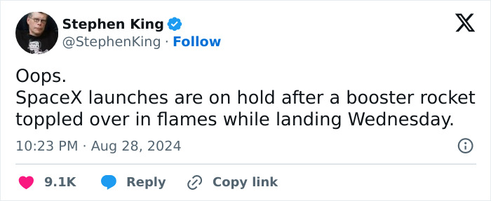 Stephen King's tweet about SpaceX rocket incident, referencing Elon Musk. Stephen King's tweet about SpaceX rocket incident, referencing Elon Musk.