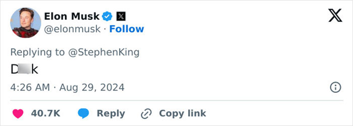 Elon Musk's tweet reply to Stephen King includes a partially censored insult, leading to viral reactions. Elon Musk's tweet reply to Stephen King includes a partially censored insult, leading to viral reactions.
