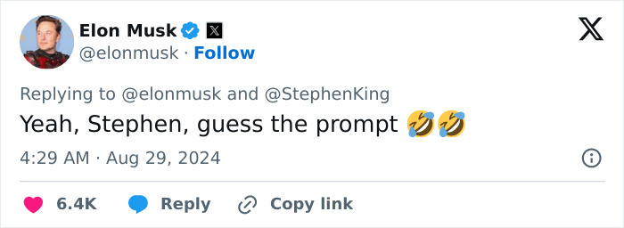 Elon Musk tweet reply with emojis in response to Stephen King. Elon Musk tweet reply with emojis in response to Stephen King.