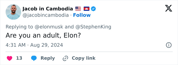 Tweet questioning Elon Musk's maturity after AI-generated image involving Stephen King. Tweet questioning Elon Musk's maturity after AI-generated image involving Stephen King.