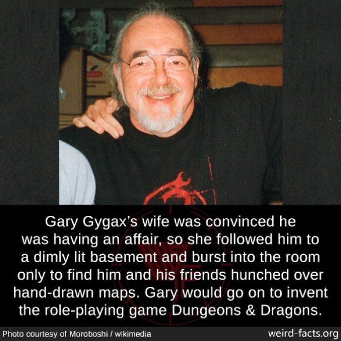 Man smiling in a black shirt with text about Gary Gygax inventing Dungeons & Dragons including fun facts and new pics.