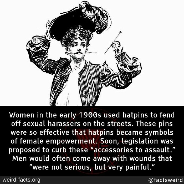 Illustration of a woman in the 1900s using hatpins, highlighting fun facts about female empowerment and historic self-defense.