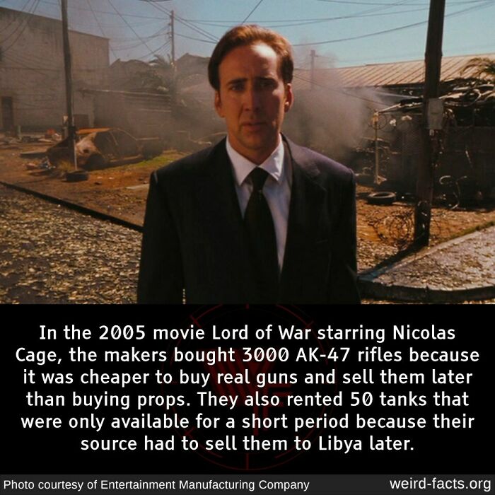 Nicolas Cage in Lord of War with real guns and rented tanks, illustrating fascinating and amusing fun facts.