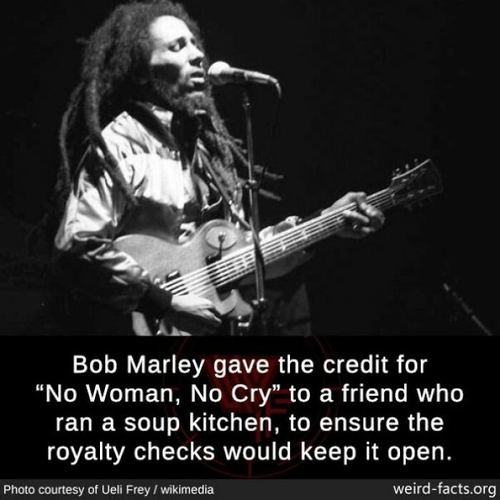Bob Marley performing live with guitar, accompanied by a fun fact about song royalties and charity efforts.