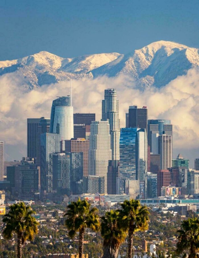 Los Angeles skyline with tall skyscrapers and snowy mountains, a striking view that triggers megalophobia fears.