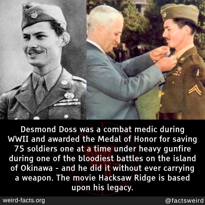 Black and white and color image of WWII medic Desmond Doss receiving Medal of Honor for heroic combat rescue.