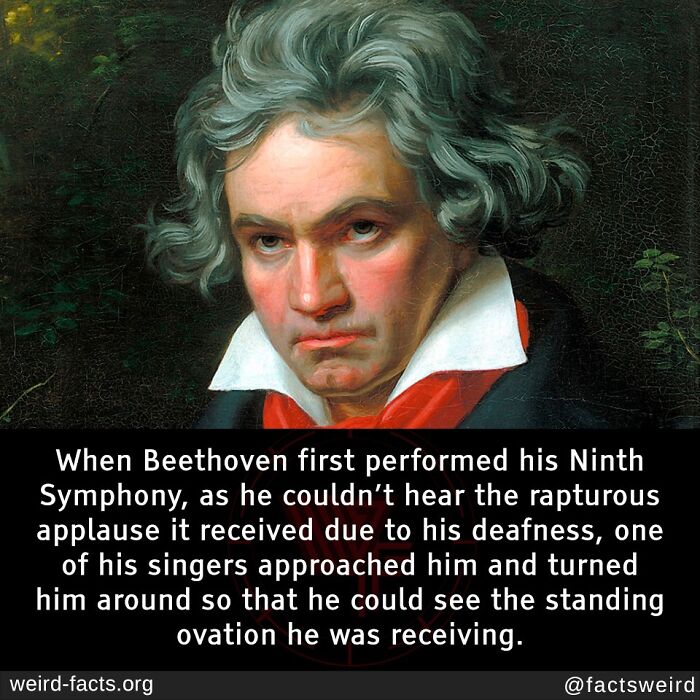 Portrait of Beethoven with a fun fact about his Ninth Symphony and the standing ovation despite his deafness.