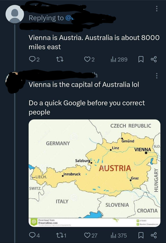 Social media post showing overly confident incorrect people discussing Vienna's location with a map of Austria.