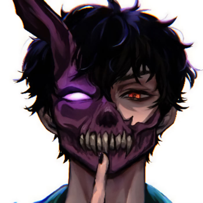 Corpse Husband face reveal fan art showing a character with dark hair, one red eye, and a skeletal half-mask with sharp teeth. The character holds a finger to their lips. Corpse Husband face reveal fan art showing a character with dark hair, one red eye, and a skeletal half-mask with sharp teeth. The character holds a finger to their lips.