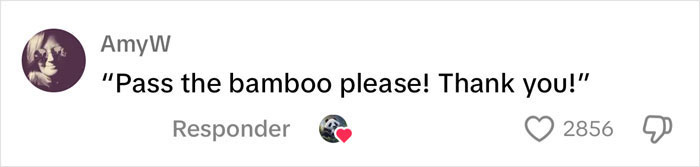 AmyW comments on a panda's tea party, saying: “Pass the bamboo please! Thank you!” with 2856 likes and a heart symbol. AmyW comments on a panda's tea party, saying: “Pass the bamboo please! Thank you!” with 2856 likes and a heart symbol.