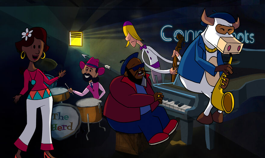 My Animated Sitcom About A Jazz-Playing Cow Who Reluctantly Leads A Group Of Musicians, Poets And Misfits (5 Pics) My Animated Sitcom About A Jazz-Playing Cow Who Reluctantly Leads A Group Of Musicians, Poets And Misfits (5 Pics)