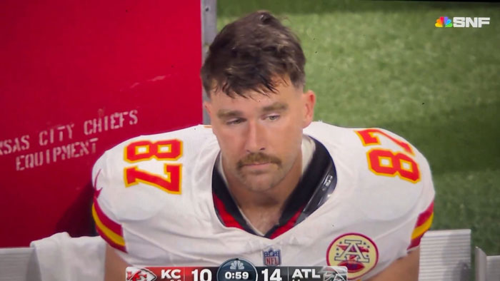 Travis Kelce Looks Miserable On Chiefs Bench After Taylor Swift Skipped The Game Travis Kelce Looks Miserable On Chiefs Bench After Taylor Swift Skipped The Game