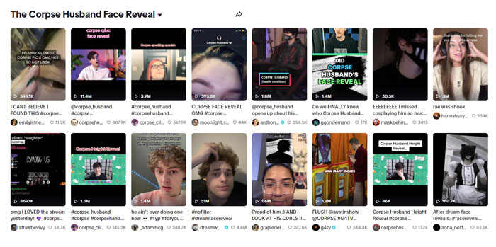 A collage of social media posts about Corpse Husband's face reveal, featuring various reactions and commentary from different users. A collage of social media posts about Corpse Husband's face reveal, featuring various reactions and commentary from different users.