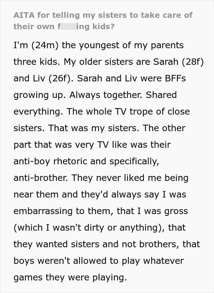Man Fumes After Sisters Who Ruined His Childhood Ask For Help, Saying He's "Family Or Whatever" Man Fumes After Sisters Who Ruined His Childhood Ask For Help, Saying He's "Family Or Whatever"