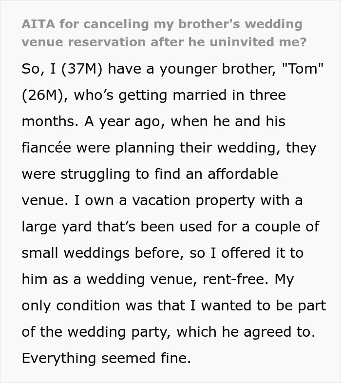 Brother Is Uninvited From Wedding For Being An "Addict", He Then Cancels Free Venue In Response Brother Is Uninvited From Wedding For Being An "Addict", He Then Cancels Free Venue In Response