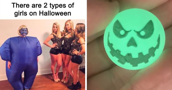 Two Halloween costume styles for girls, paired with a glow-in-the-dark Halloween-themed non-candy treat.
