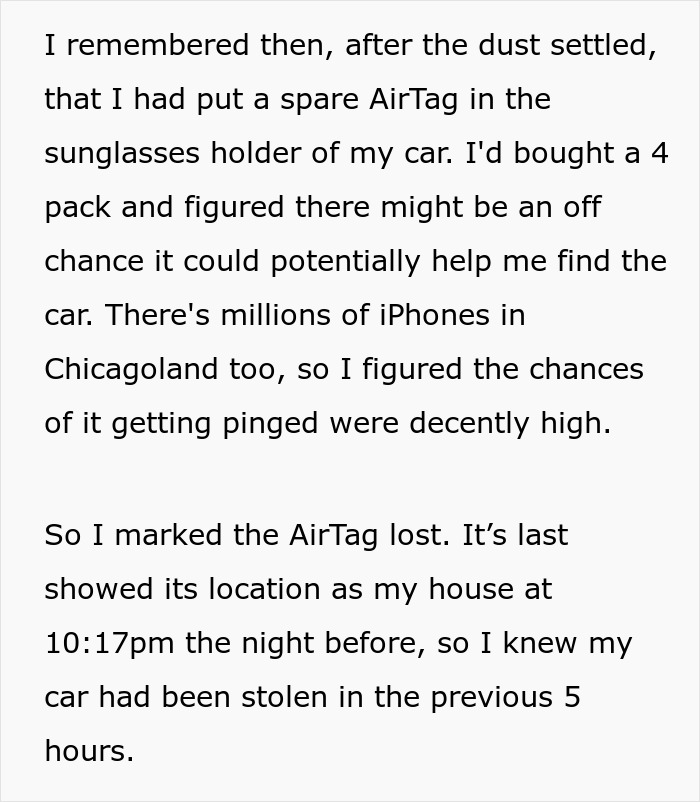 “Tracked Down My Stolen Car With An AirTag And It Was One Of The Most Ridiculous Days Of My Life” “Tracked Down My Stolen Car With An AirTag And It Was One Of The Most Ridiculous Days Of My Life”