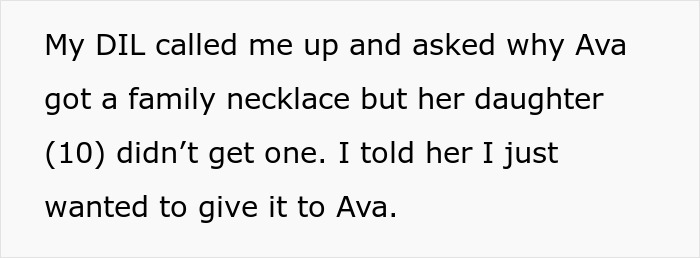 Text discussing a family necklace given to Ava, raising questions about favoritism among grandkids. Text discussing a family necklace given to Ava, raising questions about favoritism among grandkids.