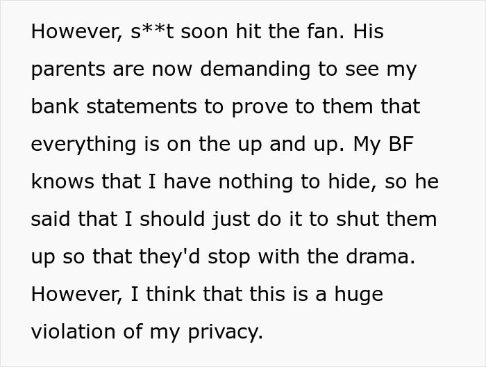 GF Earns More Than BF, His Manipulative Parents Demand To See Her Bank Statements, She’s Aghast GF Earns More Than BF, His Manipulative Parents Demand To See Her Bank Statements, She’s Aghast