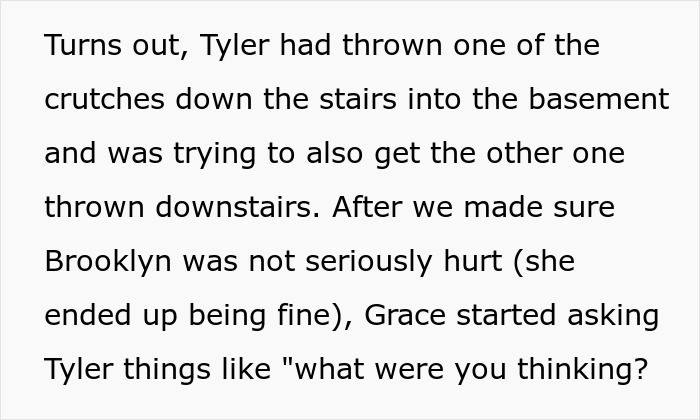 13YO Pulls Crutches Out Of Cousin's Hands And Throws Them Down Stairs, Mom Defends Him 13YO Pulls Crutches Out Of Cousin's Hands And Throws Them Down Stairs, Mom Defends Him