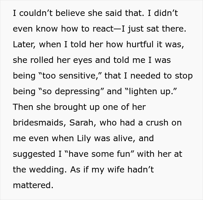 Widow Refuses To Go To Sister's Wedding After She And Entire Family Downplay Her Late Wife's Death Widow Refuses To Go To Sister's Wedding After She And Entire Family Downplay Her Late Wife's Death