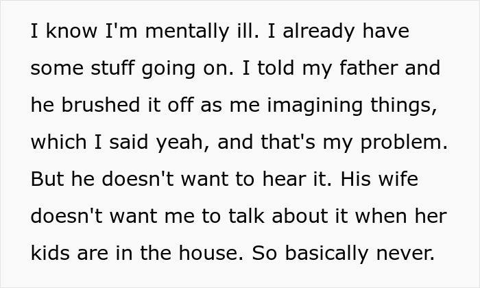 "I Know I'm Mentally Ill": 16YO's Mental Illness Ignored By Dad And Stepmom, She Lashes Out "I Know I'm Mentally Ill": 16YO's Mental Illness Ignored By Dad And Stepmom, She Lashes Out
