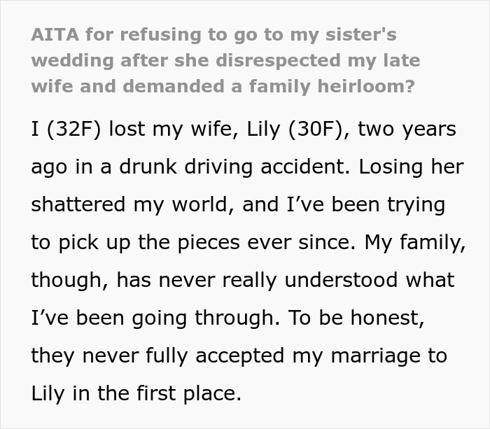 Widow Refuses To Go To Sister's Wedding After She And Entire Family Downplay Her Late Wife's Death Widow Refuses To Go To Sister's Wedding After She And Entire Family Downplay Her Late Wife's Death