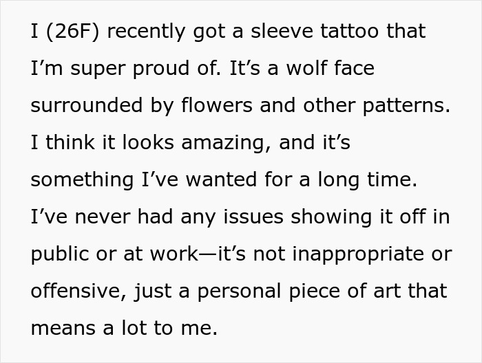 Text about a woman's pride in her sleeve tattoo featuring a wolf and flowers. Text about a woman's pride in her sleeve tattoo featuring a wolf and flowers.