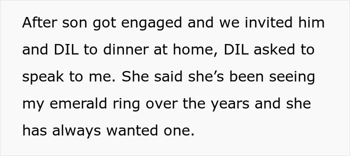 DIL Demands That MIL Give Up Her Emerald Ring As An Heirloom Engagement Ring, Is Told To Get Out DIL Demands That MIL Give Up Her Emerald Ring As An Heirloom Engagement Ring, Is Told To Get Out