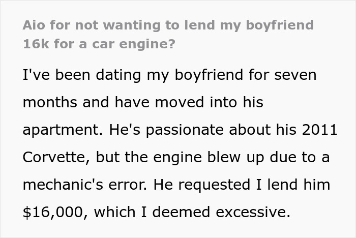 Rich BF With Doctor Parents Asks Barista GF For $16K From Her Hard-Earned Savings To Fix His Car Rich BF With Doctor Parents Asks Barista GF For $16K From Her Hard-Earned Savings To Fix His Car