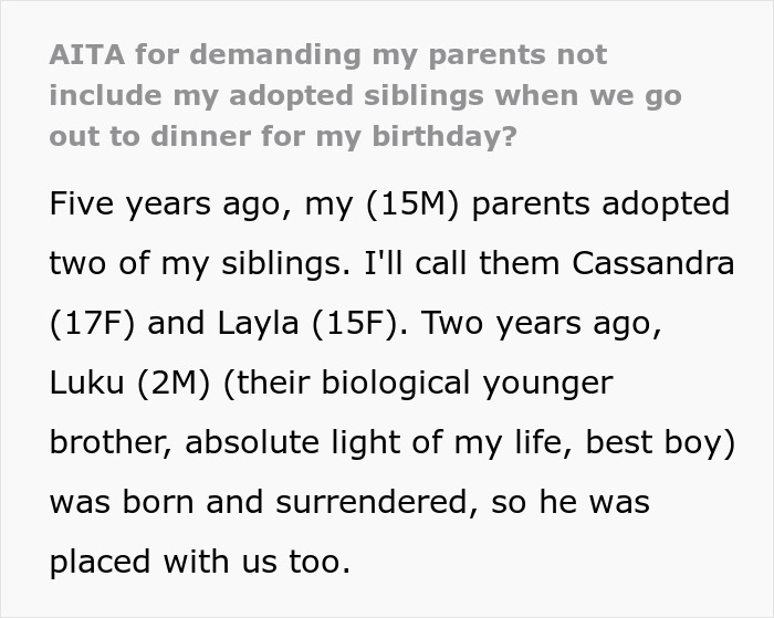 Teen Gets Berated For Asking To Exclude ‘Traumatized’ Adoptive Siblings From His B-Day Celebration Teen Gets Berated For Asking To Exclude ‘Traumatized’ Adoptive Siblings From His B-Day Celebration