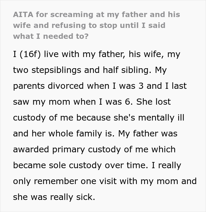 "I Know I'm Mentally Ill": 16YO's Mental Illness Ignored By Dad And Stepmom, She Lashes Out "I Know I'm Mentally Ill": 16YO's Mental Illness Ignored By Dad And Stepmom, She Lashes Out
